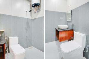 two pictures of a bathroom with a toilet and a sink at Collection O Vadapalani Formerly Mahalakshmi Inn in Chennai