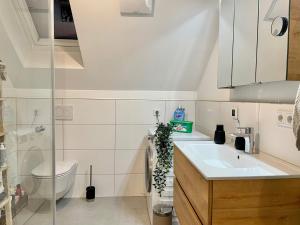 a white bathroom with a sink and a toilet at Appartement Bergtraum - by myNests in Gröbming +27 photos