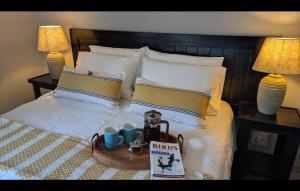 a bed with two lamps and a tray with mugs on it at Ocean View Nature Lodge in St Lucia