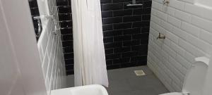 a bathroom with a toilet and a shower with black tiles at Starla, Duplex in Nairobi +5 photos