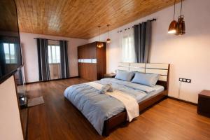 a bedroom with a large bed with blue pillows at GuestHouse Mendrika in Talata-maty