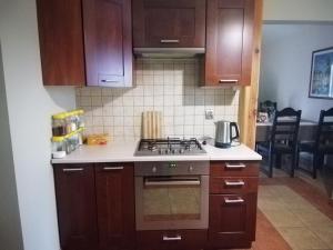 a kitchen with wooden cabinets and a stove top oven at Zofijówka in Osjaków