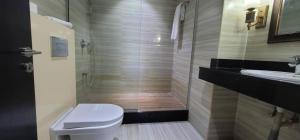 a bathroom with a toilet and a shower and a sink at Brus View Suites in Ilado