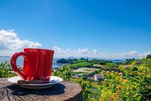 a red coffee cup sitting on top of a table at Orchard 123 Private Pension in Yeosu