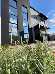 a building with large windows and plants in front of it at Villa Serena Garden - Suíte com Hidromassagem - Ideal Casal in Cascavel
