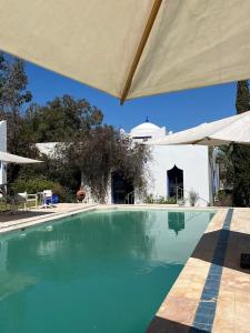 a swimming pool with blue water in front of a house at ecrin mogador in Aït Sidi Saïd