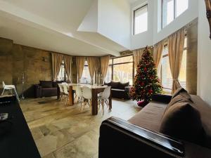 a living room with a christmas tree and a couch at Vila Mama Jana in Buşteni