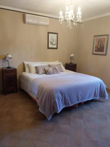 a bedroom with a large bed with a chandelier at Casa Carini in Scansano