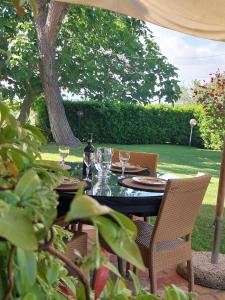 a table with wine glasses on it in a garden at Casa Carini in Scansano