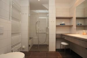 a bathroom with a shower and a toilet and a sink at Feriendorf Marienhof C2 Marieke in Borkum