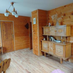 a living room with wooden walls and a wooden cabinet at Baza Warsztatowo-Edukacyjna K85 Komańcza in Komańcza +75 photos
