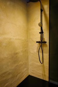 a bathroom with a shower with a microphone at DieMosel Minimal in Traben-Trarbach +52 photos