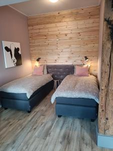 two beds in a room with wooden walls at Bed And Breakfast Geertruidahoeve in Hellendoorn