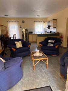 a living room with blue couches and a coffee table at Le Palmier C10 in Flic-en-Flac