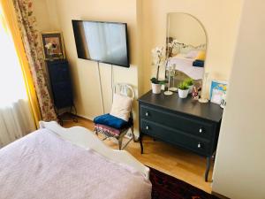 a bedroom with a bed and a dresser with a mirror at Sharm Sweet Studio Best location quiet and cozy in Helsinki