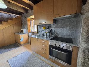 a kitchen with wooden cabinets and a stove top oven at Serena Nest 03 in Rio Douro