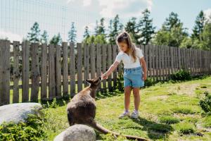 a little girl petting a goat in a yard at Rodinný Hotel Hubert High Tatras in Vysoké Tatry