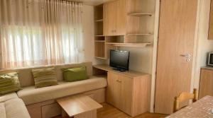 a living room with a couch with a tv and a window at Camping Derby Loredo by Mola! in Loredo