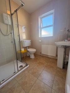 a bathroom with a shower and a toilet and a sink at The Townhouse Dungloe in Dungloe +21 photos