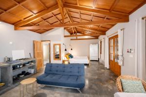 a living room with a blue couch and a bed at Coconut Lodge Open-Plan Suite with Kitchen, Indoor & Outdoor Showers & Infinity Pool in Cap Malheureux