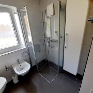a bathroom with a shower and a toilet and a sink at Ferienwohnung " Am Dorfbrunnen" in Dienethal +29 photos