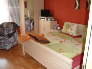 a bedroom with a bed and a chair and a television at Ferienwohnung Meyer in Ilmenau