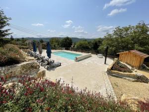 a pool with chairs and umbrellas in a garden at Les 3 métisses-lyia in Le Bugue
