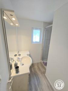a white bathroom with a sink and a mirror at Les 3 métisses-lyia in Le Bugue