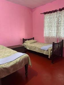 two beds in a room with pink walls and a window at Misty Moutain view in Pīrmed