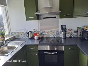 a kitchen with green cabinets and a sink and a stove at Marys Garden View North in Jedburgh