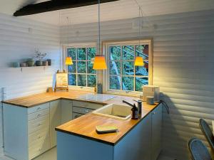 a kitchen with a counter with a sink and windows at Breathtaking Sea View At Dinestrup Beach in Ullerslev