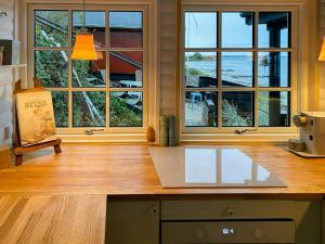 a room with windows and a laptop on a desk at Breathtaking Sea View At Dinestrup Beach in Ullerslev