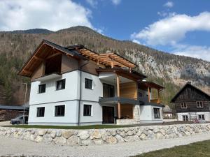a house with a mountain in the background at Haischberger Apartments in Obertraun