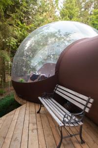 a bench sitting on a wooden deck with a glass dome at La sphère de Raphaël in Saint-Hubert