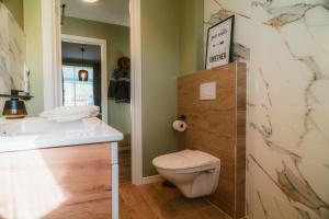 a bathroom with a toilet and a sink at Frafjord Apartments Frøya in Dirdal