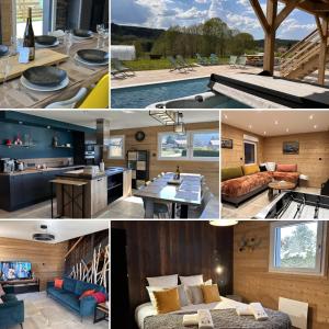 a collage of pictures of a house at Chalet PLUME D'EAU - jacuzzi, piscine et pétanque in Gerbépal