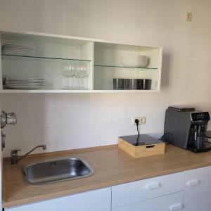 a kitchen counter with a sink and a microwave at Moderne 2 Zimmer Appartement in Straubing +1 photo