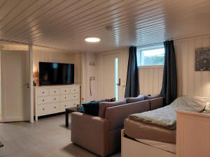 a living room with a couch and a flat screen tv at Ved sjøen i syd in Svenevik