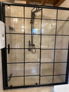 a glass shower with a hose in a room at Ağaran Duru Konak Suit Bungalov in Rize