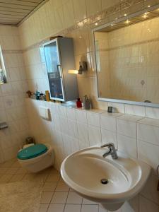 a bathroom with a sink and a toilet and a mirror at Harmonie im Grünen - Charmantes Erdgeschoss Privatzimmer mit Gartenzugang in Wathlingen