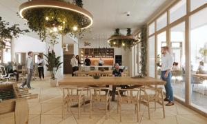 a rendering of a restaurant with people standing around a table at Le PIC in Clermont-Ferrand