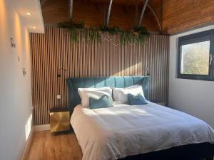 a bedroom with a large bed with a blue headboard at Lily's Place in Wexford