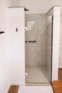 a shower with a glass door in a bathroom at Chalé Pedra Furada in Resende +11 photos