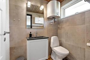 a bathroom with a toilet and a sink and a window at 3392-Hvide-Sande-Fyrmarken-10 in Hvide Sande +39 photos