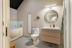 a bathroom with a toilet and a sink and a mirror at 701-Hvide-Sande-Slusen-1 in Hvide Sande +36 photos