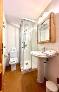 a bathroom with a shower and a sink and a toilet at Cal Grit casa de muntanya a Pont de Bar in Bar +39 photos