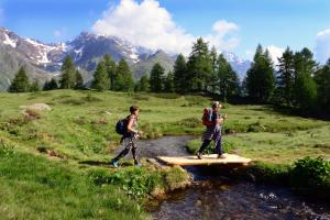 two men walking across a wooden bridge over a stream at Boutique Hotel e Chalets Salvadori in Mezzana