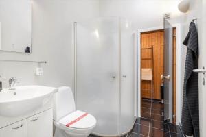 a bathroom with a toilet and a sink and a shower at 745-Hvide-Sande-Slusen-45 in Hvide Sande +25 photos