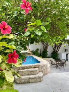 a swimming pool in a garden with pink flowers at Caribo Cozumel in Cozumel