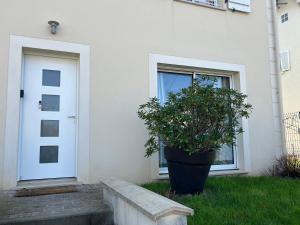 a plant in a pot in front of a door at Amélia HOST chambre climatisée in Saint-Rémy-lès-Chevreuse